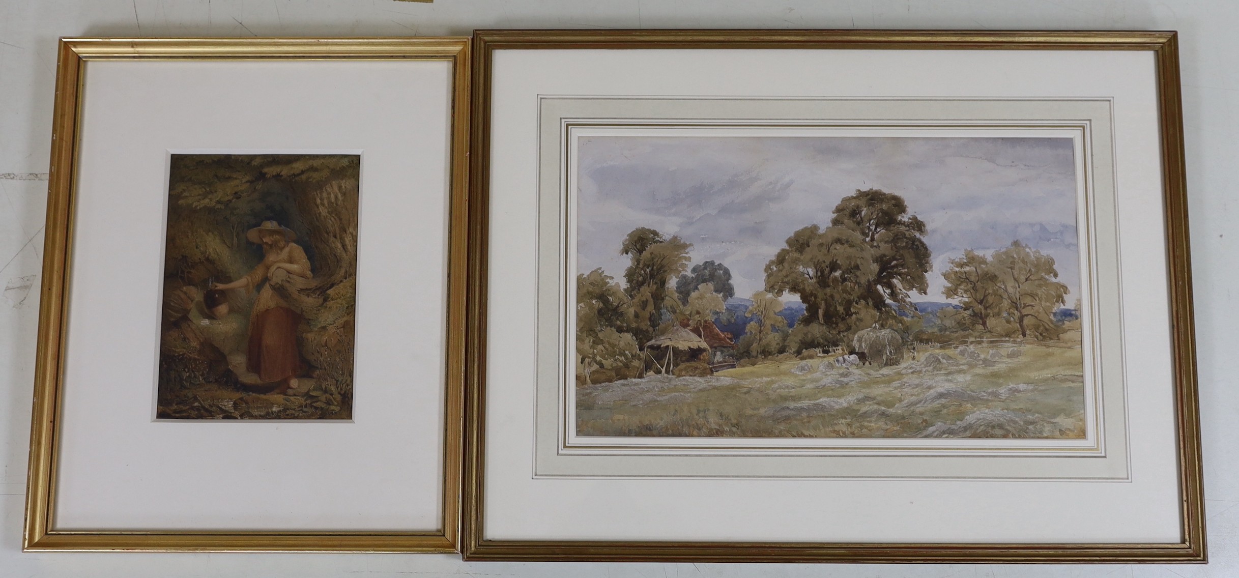 19th century English School, watercolour, Woman collecting water from a spring, 22 x 16cm and John Linnell (1792-1882), watercolour, Harvest scene, 25 x 41cm